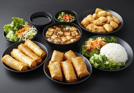 Delicious spread of Asian cuisine featuring spring rolls, dumplings, rice, fresh vegetables, and savory dipping sauces on a black background