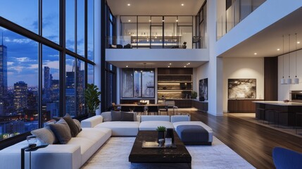 Downtown penthouse with a sleek modern aesthetic, luxurious finishes, and large windows offering an immersive urban view