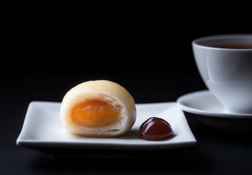 Delicious steamed bun with sweet filling served on a white plate beside a cup of tea in a dark setting with a soft focus background