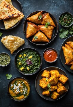 Delicious Spread of Traditional Indian Cuisine Featuring Samosas, Spinach Dish, Naan, and Dipping Sauces on Dark Surface