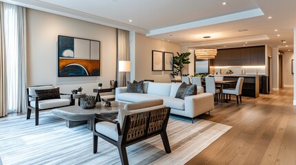 Fototapeta premium Elegant and spacious open-plan living-dining area with hardwood floors, neutral tones, and statement artwork enhancing the contemporary style.