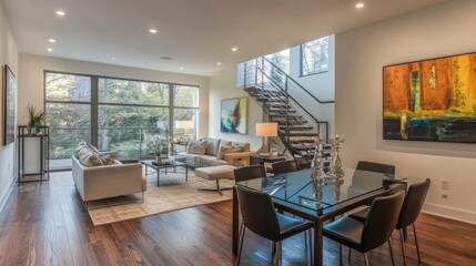 Inviting open-concept living and dining space with an elegant combination of hardwood floors, modern furniture, and curated artistic decor