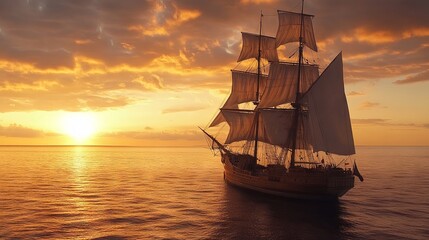 Obraz premium Sailboat at sunset on the open sea