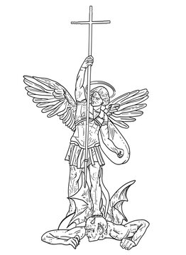 Archangel Michael Defeating Evil. Detailed Line Drawing