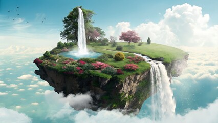 A whimsical and enchanting image of a lush, green island floating amidst a sea of clouds