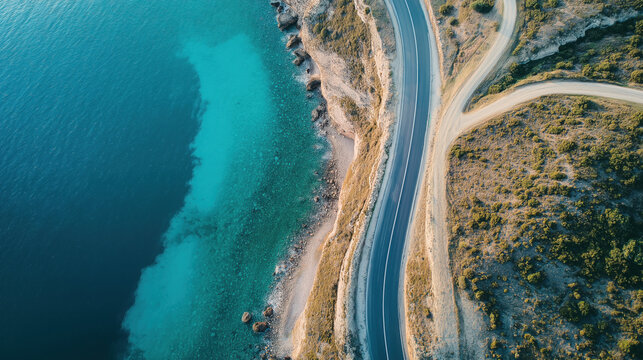 Aerial view of coastal road winding along rocky shoreline and turquoise sea