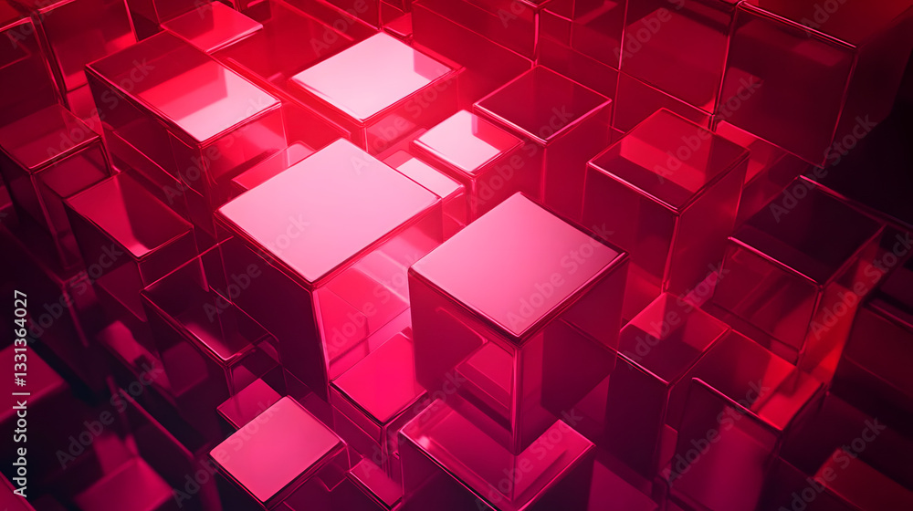 Poster futuristic tech wallpaper with neatly constructed translucent blocks. hot pink and red, 3d render.
