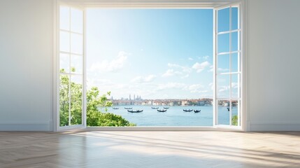 Fototapeta premium Scenic View from Open Window Overlooking Calm Waterfront Landscape