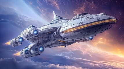 Obraz premium Majestic Spaceship Soaring Through Cosmic Clouds