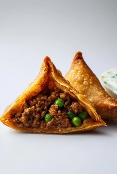 Deliciously Crisp Samosas with Spiced Meat Filling and Fresh Green Peas Served with Tangy Sauce on a Light Background