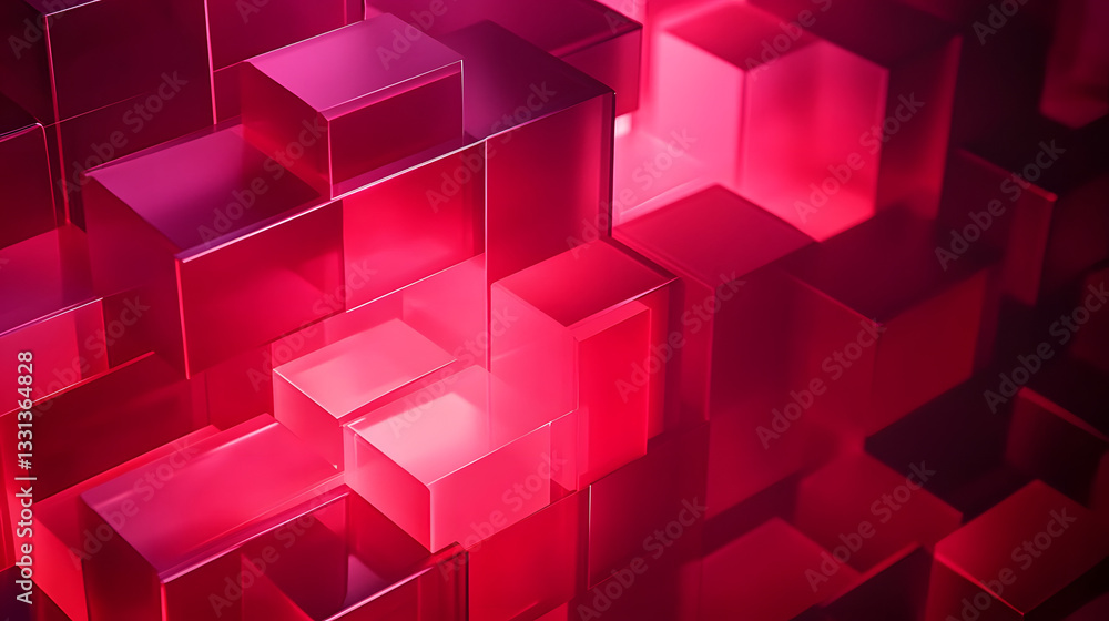 Poster futuristic tech wallpaper with neatly constructed translucent blocks. hot pink and red, 3d render.