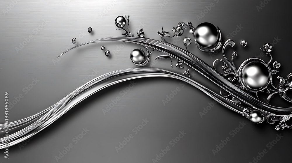 Poster metallic design features swirls and spheres on a grayscale background
