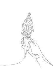 Continuous one-line drawing of a hand holding an ice cream cone, symbolizing simplicity, joy, and indulgence. This minimalist vector illustration isolated on white, Editable stroke