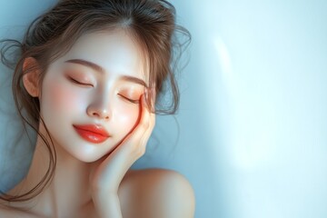 Woman rests her cheek in her hand eyes closed