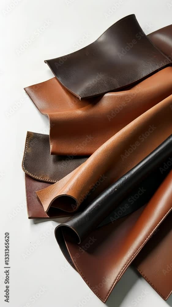 Poster a stack of leather items with different colors. the leather is brown and black. the stack is on a wh