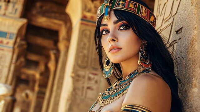 pretty Ancient Egyptian woman wearing ancient historical attire with headdress at ancient castle