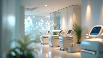 Modern aesthetic clinic interior with advanced treatment equipment and calming ambiance suitable for wellness activities