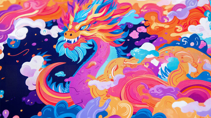 Fototapeta premium Lunar New Year concept: A vividly colored mythical dragon soaring through auspicious clouds