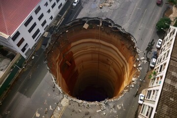 Urban sinkhole collapse a massive cavity revealing underground layers structural damage dramatic shadows and vehicles parked nearby.