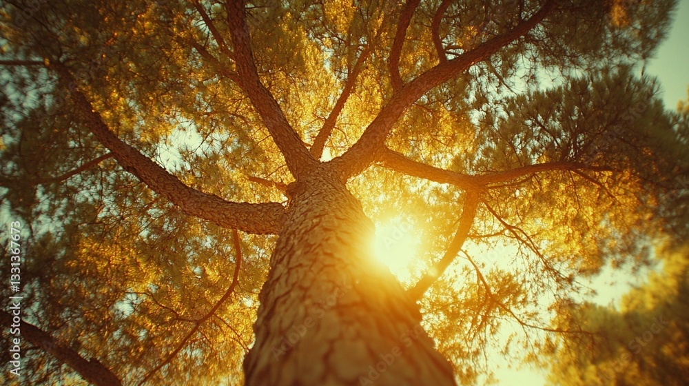 Aufkleber low-angle view of a large tree with sun shining through branches.