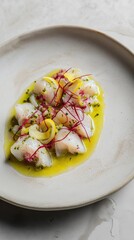 Delicate ceviche, pieces of fresh fish drizzled with vibrant citrus sauce are artfully arranged on a minimalist plate, garnished with herbs and elegant strands of red saffron.