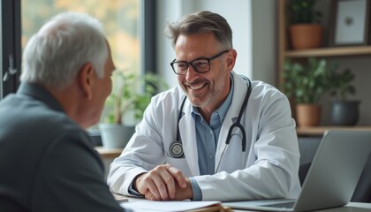 Fototapeta premium A friendly male doctor in a white coat smiles warmly at an elderly male patient during a consultation in a bright, modern office. The scene radiates trust and care, highlighting the importance of