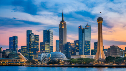 Fototapeta premium Sunset and Dusk Views of Chicago and Toronto Skylines with Skyscrapers and River Reflections