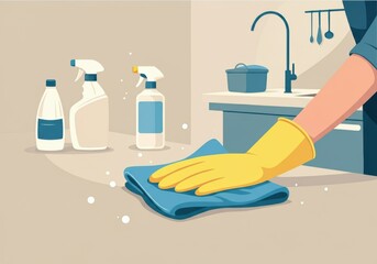 Hand wearing yellow glove cleaning a kitchen countertop with a cloth