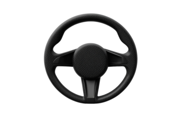 Close up of a steering wheel with a black rubber grip, isolated