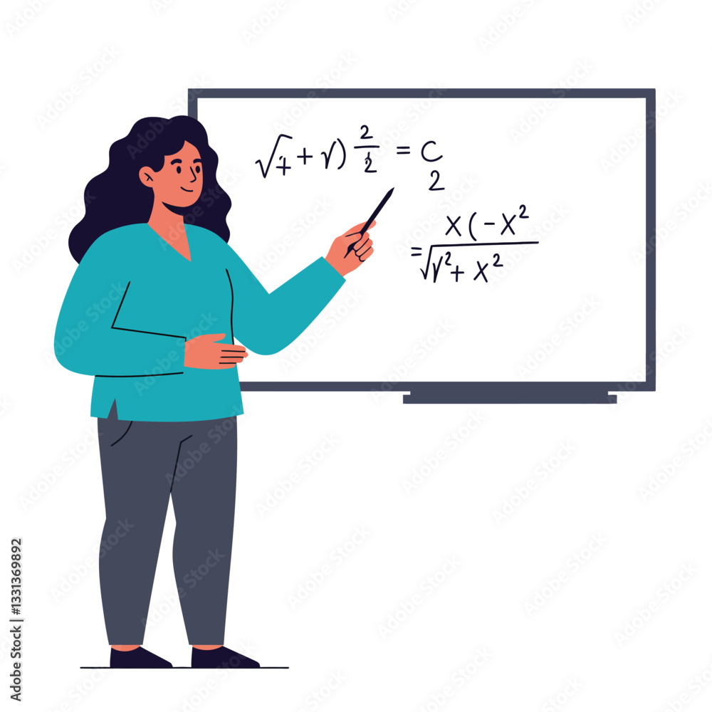 Poster teacher explaining mathematical concepts using a board in flat vector illustration