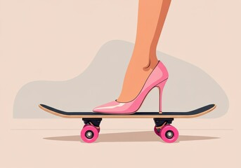 Woman in pink high heels balancing on a skateboard, showcasing style and confidence