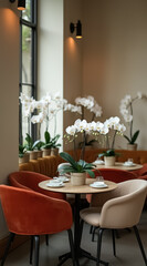 elegant interior setting with round tables plush chairs and white orchids