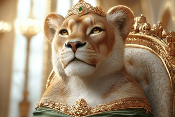 Obraz premium Lion is wearing a crown and sitting on a throne