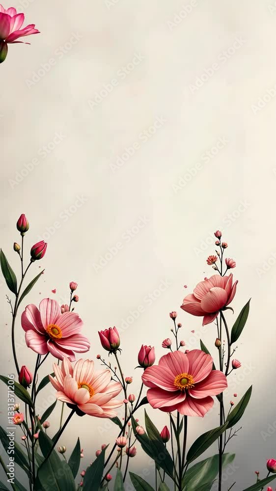 Aufkleber A white background with a pink flower on the left side. There are several pink flowers in the middle and right side of the image