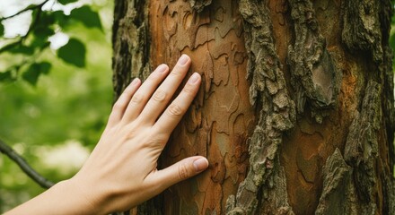 Hand touching bark of tree in nature