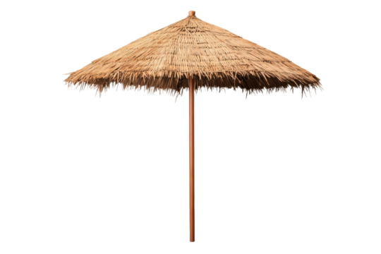 Straw umbrella is standing upright on a white background, isolated