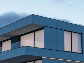 Fototapeta premium Modern architectural design of a blue building against a cloudy sky