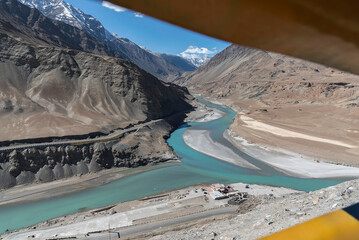 The meeting point of Zanskar and Indus rivers in Ladakh India