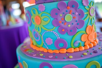 Colorful cake adorned with floral fondant designs and bright decorations