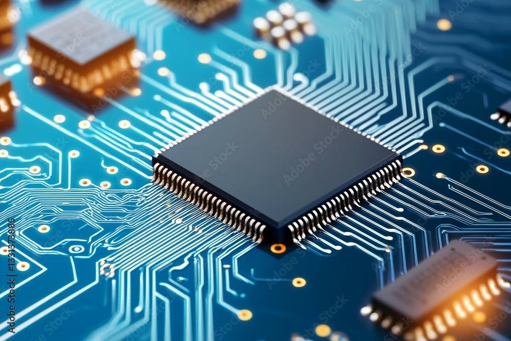Poster close up of a computer chip with a blue background