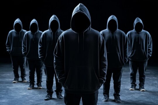 Group of people wearing hoodies and standing in a line