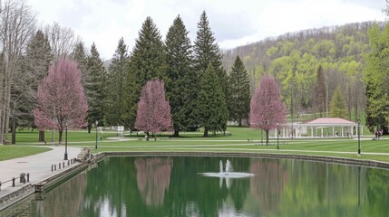 Fototapeta premium Spring bloom reflections city park nature photography serene environment wide-angle view tranquility and beauty
