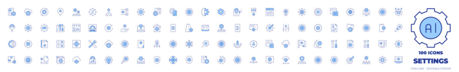 100 Settings Icons Collection. Line Duotone style, editable stroke. control, work in progress, analytics, fuel, filter, control panel, project, multitasking, upload