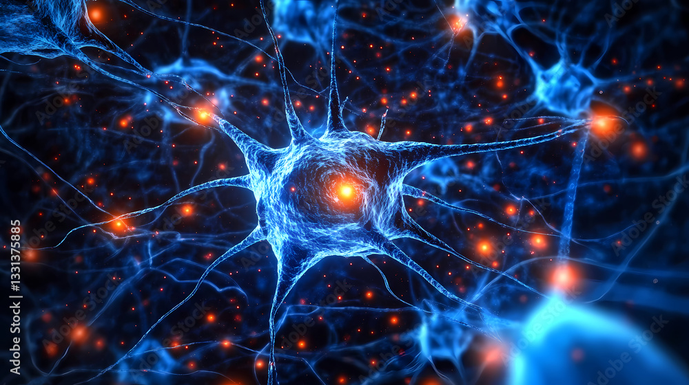 Poster 3d rendering of glowing neuron network