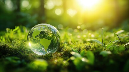 Glass Earth on Lush Green Grass Under Sunlight with Forest Background. Highlighting Environmental Themes and Sustainability