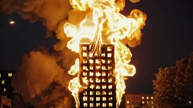 Massive Fireball Explosion in an Urban Nightscape


