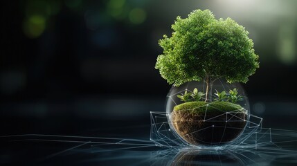 Green Tree Inside Glass Sphere with Digital Connections and Light
