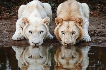 Obraz premium White lions drinking water at sunset wildlife photography natural habitat close-up perspective