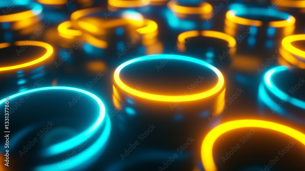 Poster colorful illuminated circular patterns featuring neon colors of yellow and blue glowing in an abstra
