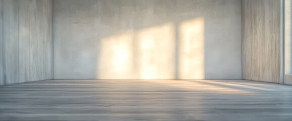 Empty room with soft sunlight creating natural shadows on the wooden floor